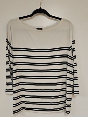 Ann Taylor White and Black Striped Long Sleeve Boatneck Top